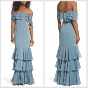 NWT Wayf Lauren Off the Shoulder Maxi Dress Granite Blue Ruffle Gown Size Small
